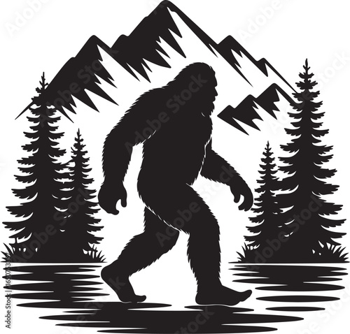 Bigfoot silhouette walking in forest with mountains and trees design