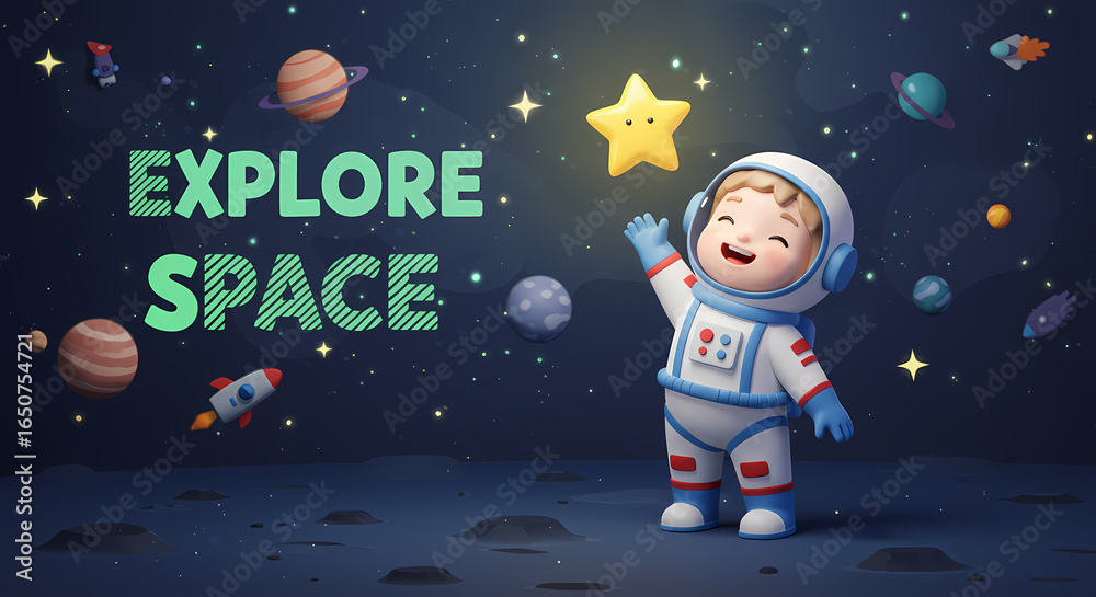 Naklejka premium 3D Children Book Illustration Astronaut Space Exploration Journey