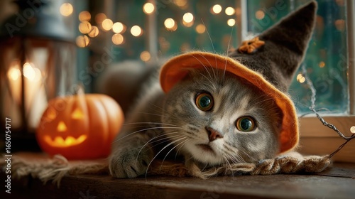 cute cat on the table and wearing a witch hat on halloween