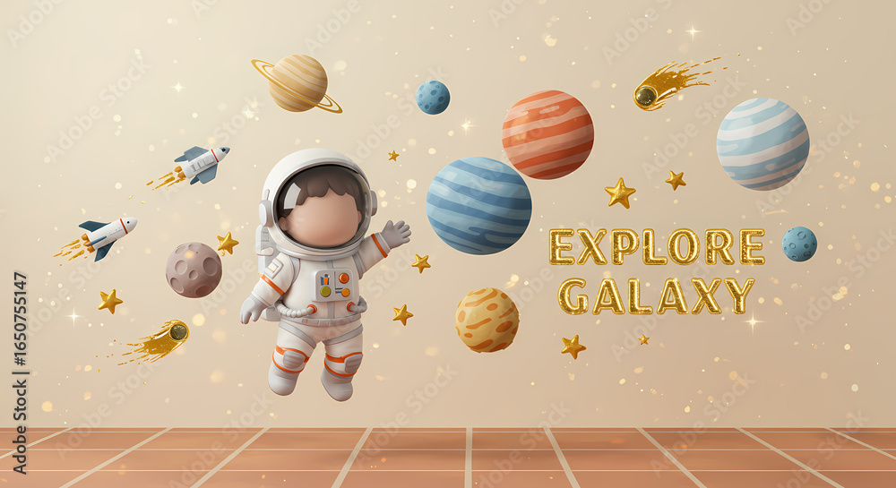 Naklejka premium 3D Children Book Illustration Adorable Astronaut Exploring Galaxy