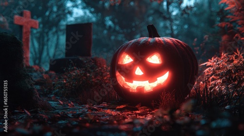 spooky cemetery and pumpkin lanterns on Halloween