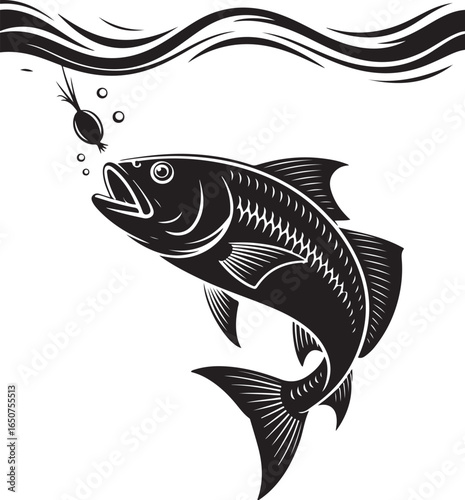Dynamic black and white fishing illustration of a fish chasing a lure