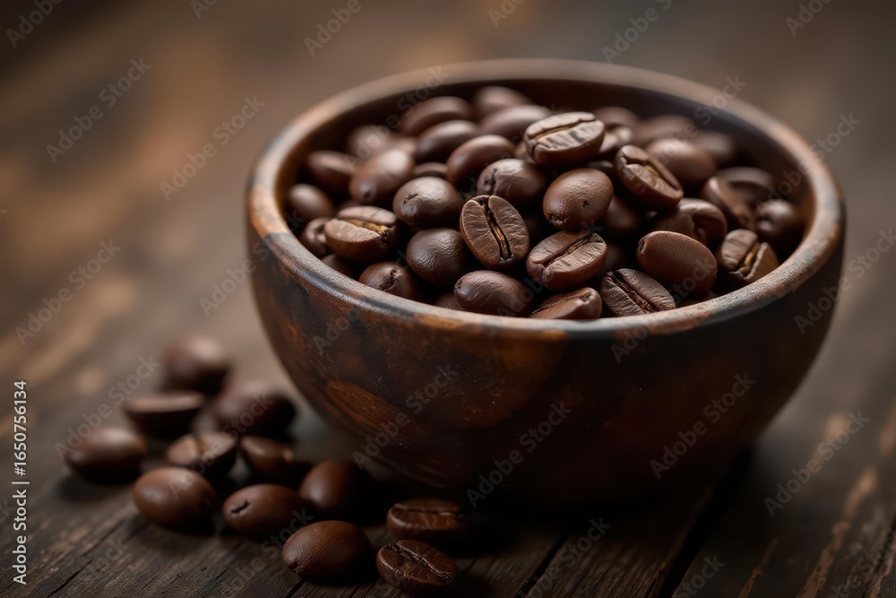 Fototapeta premium Deep roasted Balinese coffee beans in rustic bowl, aroma, culture, fresh
