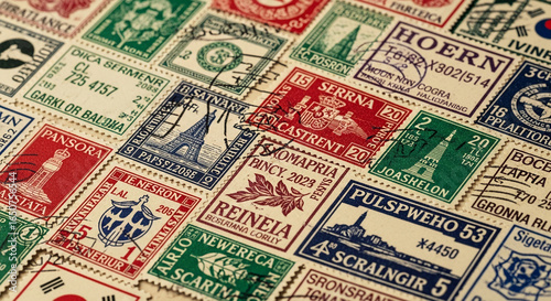 Close-up of vintage postage stamps, showcasing diverse designs and colors, representing travel, history, and communication, ideal for historical or philatelic themes