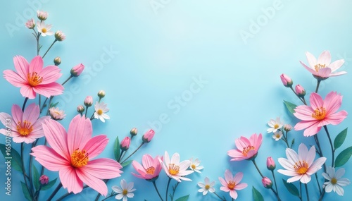 Soft blue abstract floral background with blooming spring flowers in pastel colors, abstract, garden