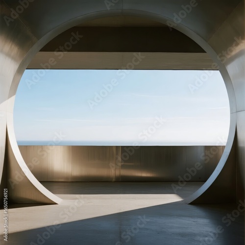 Circular window framing a serene sky and horizon, set within a modern metallic interior
