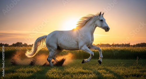 Majestic white horse galloping through a grassy