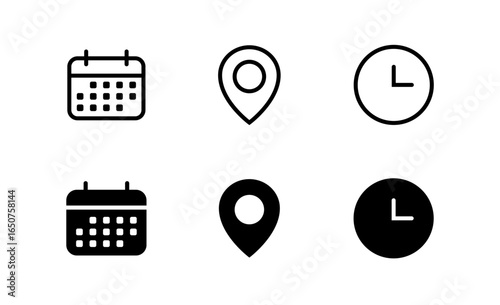 Calendar, time, clock, address, location icon set. Icons for schedule, date, reminder, adress, invitation, event, business	