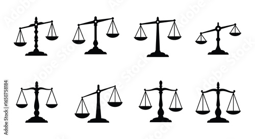 Set of Scales of Justice Icons Representing Law Balance and Fairness