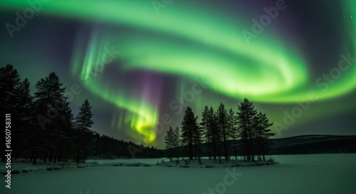 Vibrant Green Aurora Borealis Dancing over a