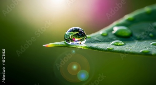 Macro of a perfect water droplet on a green leaf
