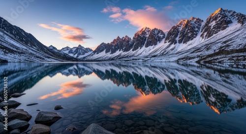Stunning sunrise reflection of snowy mountains in