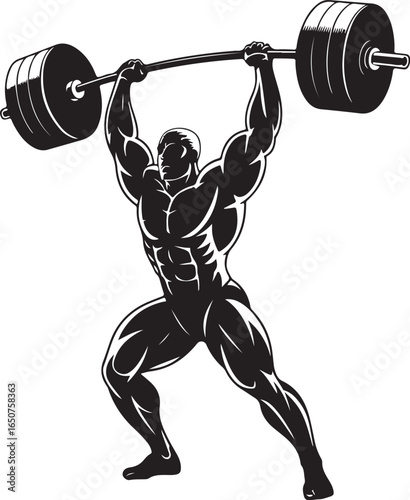 Weightlifter lifting heavy barbell overhead with determination and power