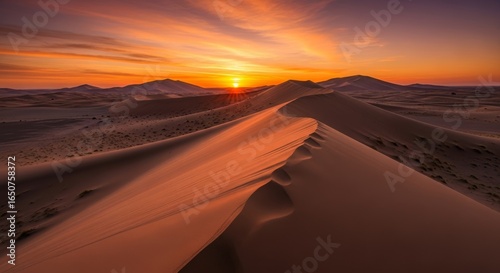 Dramatic Sunset Over Vast Desert Sand Dunes