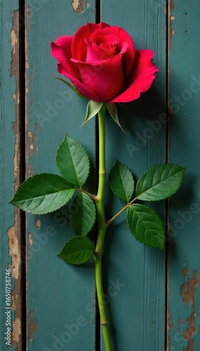 A single red rose with green leaves on weathered wood , plant, romance