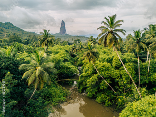 Fotografie Tropical river in São Tomé with palm trees reflected in the water and Pico Cão Grande towering in the background