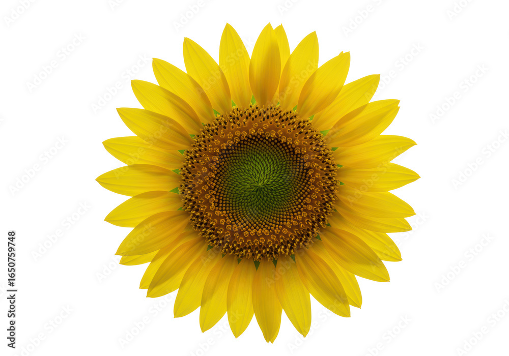 Fototapeta premium Radiant sunflower with vibrant yellow petals, rich green central disc & intricate spiral seed pattern, isolated on transparent background with soft studio light, negative space for text, Concept