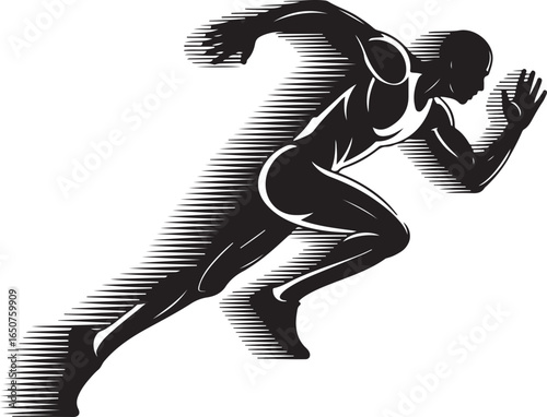 Dynamic sprinter in bold black and white graphic, ready to win the race