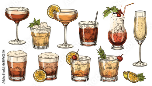 A vibrant hand-drawn illustration featuring an assortment of cocktails and beverages