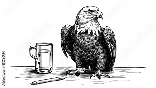 Detailed ink drawing of an eagle, glass of water, and pen on a wooden surface