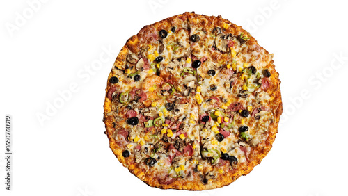 Schilderij op canvas Large thin crust pizza with mixed ingredients