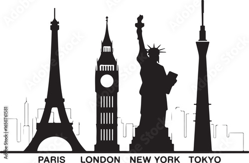 Iconic world landmarks silhouetted in black, perfect for travel designs
