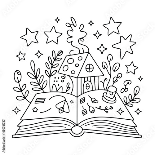 Sketch of a tree with books - Coloring Pages for Kids & Adults, line art vector illustration, Easy, Cute & Cozy Coloring Book for Relaxation and Creativity
