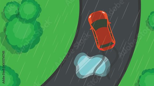 The car slides on the water on the road. The car skidded on a rain road. Dangerous driving in rain.