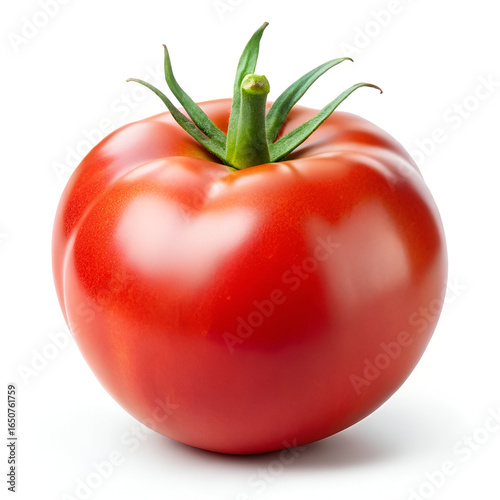 Wallpaper Mural A single ripe red tomato with green leaves isolated on a white background, perfect for salads and cooking Torontodigital.ca
