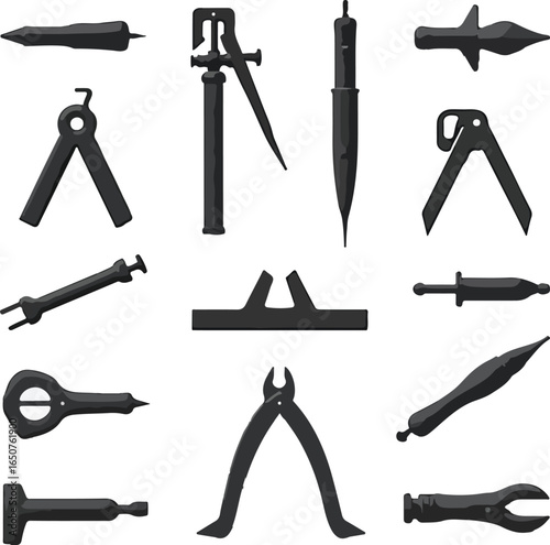 Silhouettes of various tools featuring pliers and calipers for design projects