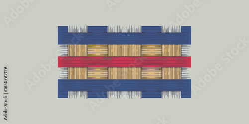 A flat lay of a woven mat with blue borders and a red center stripe on a light gray background