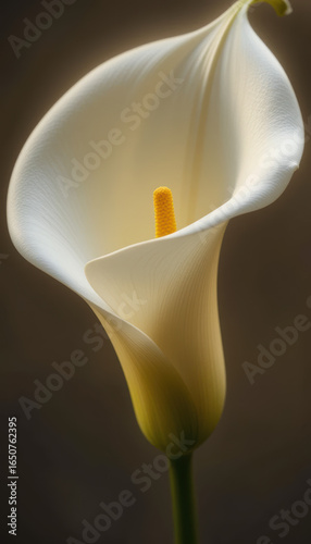 Luminous elegance of a single white calla lily blossom with a yellow spadix captured in soft, glowing studio light.