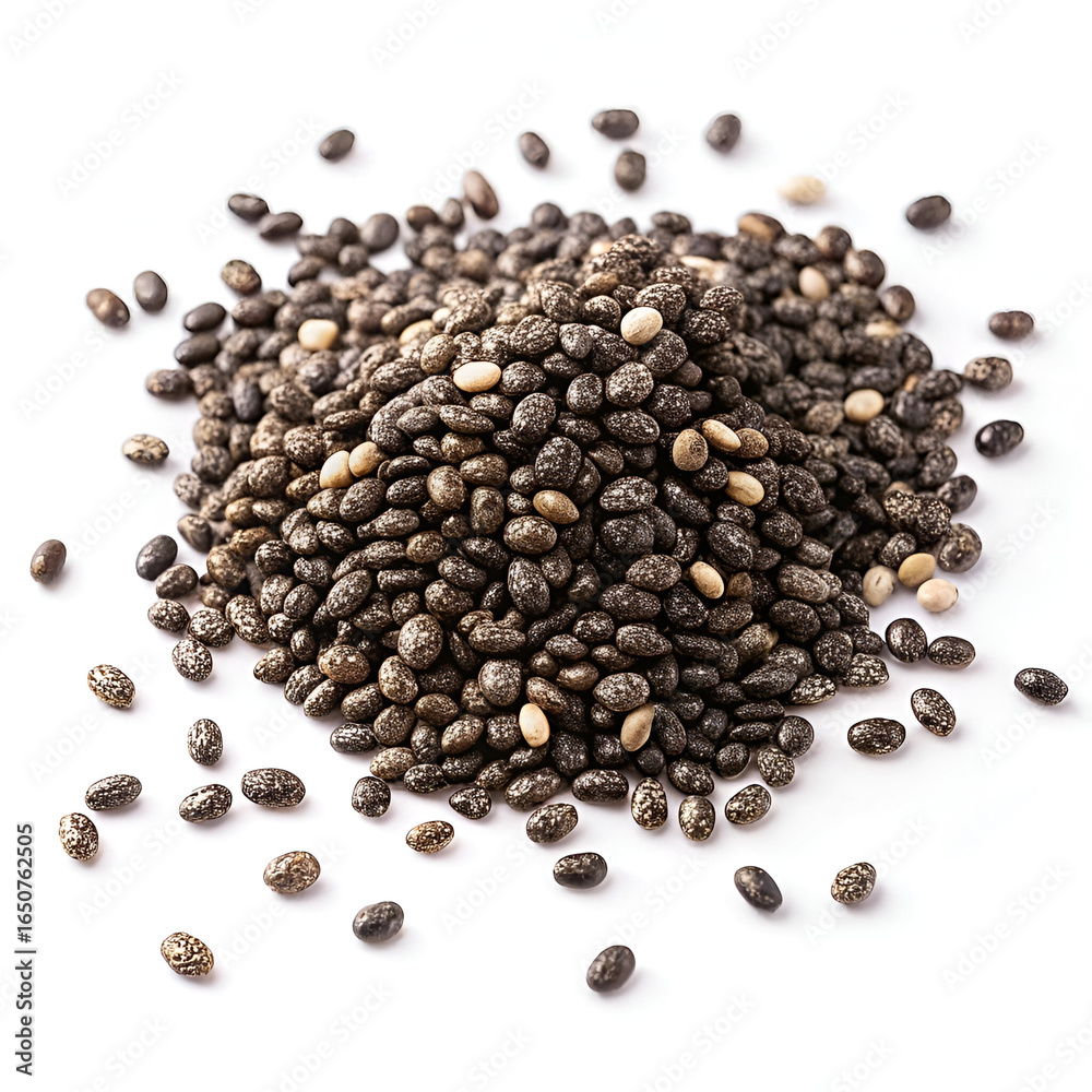 A pile of small, dark chia seeds, a highly nutritious superfood, isolated on a white background, perfect for healthy eating and culinary uses A pile of small, dark chia seeds, a highly nutritious superfood, isolated on a white background, perfect for healthy eating and culinary uses