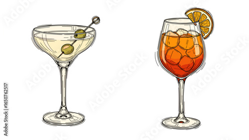 Elegant illustration of two cocktail glasses with refreshing beverages and garnish