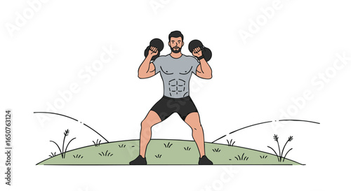 Man performing a weighted squat exercise with dumbbells in a grassy outdoor setting