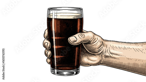 Hand holding a pint of dark beer in an engraved style illustration