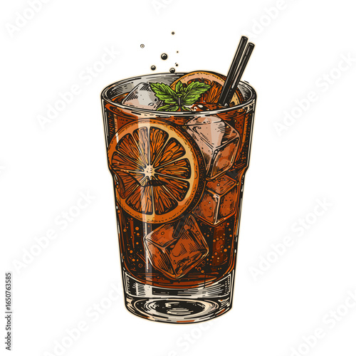 Refreshing long island iced tea cocktail illustration with citrus garnish