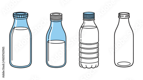 Simple vector illustration of different types of bottles for milk or water