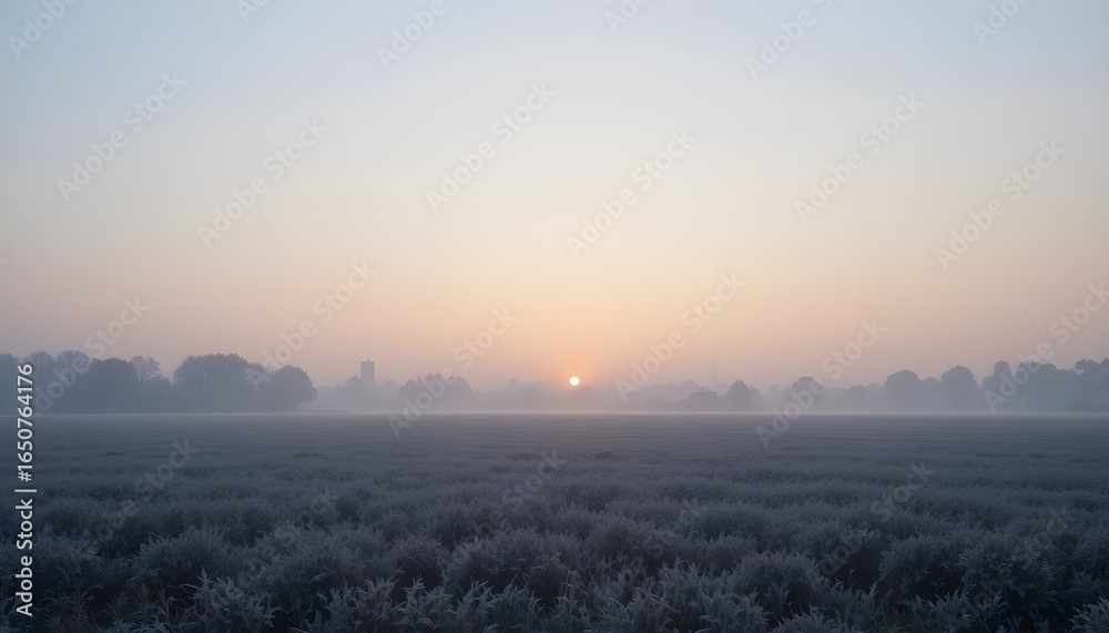 Fototapeta premium Pastel Sunrise Over Frosted Meadow and Distant Buildings