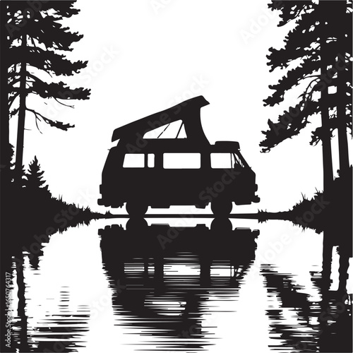 Camping adventure silhouette with camper van reflected in calm lake waters