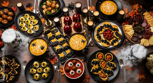 A halloween feast featuring spooky snacks and treats arranged on a dark wooden table with candles