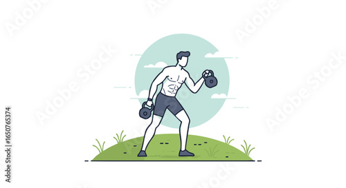 Fit man exercising with kettlebells outdoors on a green hill with a minimalist background and subtle clouds