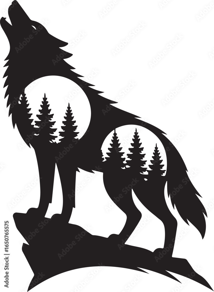 Obraz premium Majestic howling wolf silhouette art with forest landscapes