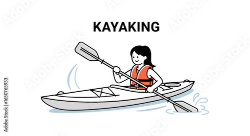 Woman kayaking on the water, enjoying an outdoor activity with a paddle and life vest