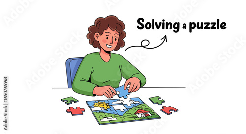 Woman Putting Puzzle Pieces Together. Conceptual Image of Problem Solving