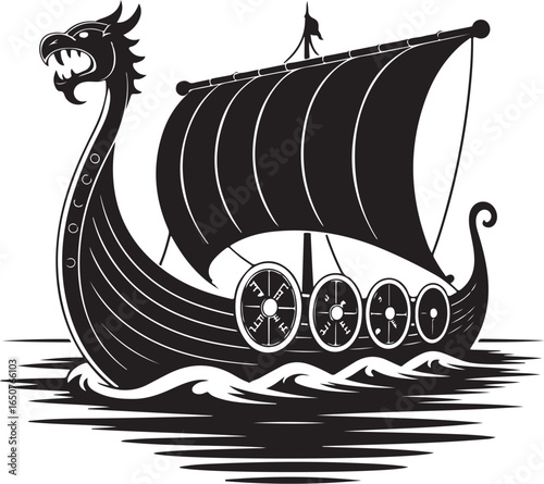 Impressive Viking ship sailing on wavy sea illustration