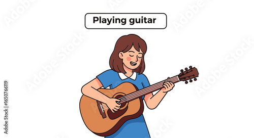 Young girl enjoying playing acoustic guitar with eyes closed, expressing happiness and passion for music