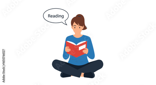 Young woman sitting cross-legged reading a book with a thought bubble