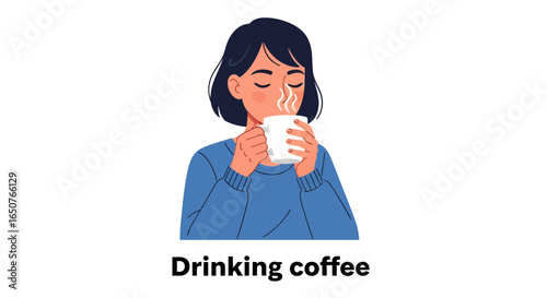 Drinking Coffee A serene illustration of a woman enjoying a warm cup with eyes closed in peaceful contentment