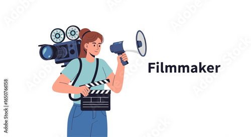Passionate female filmmaker actively directing a movie scene with a professional camera, clapperboard, and megaphone for media production